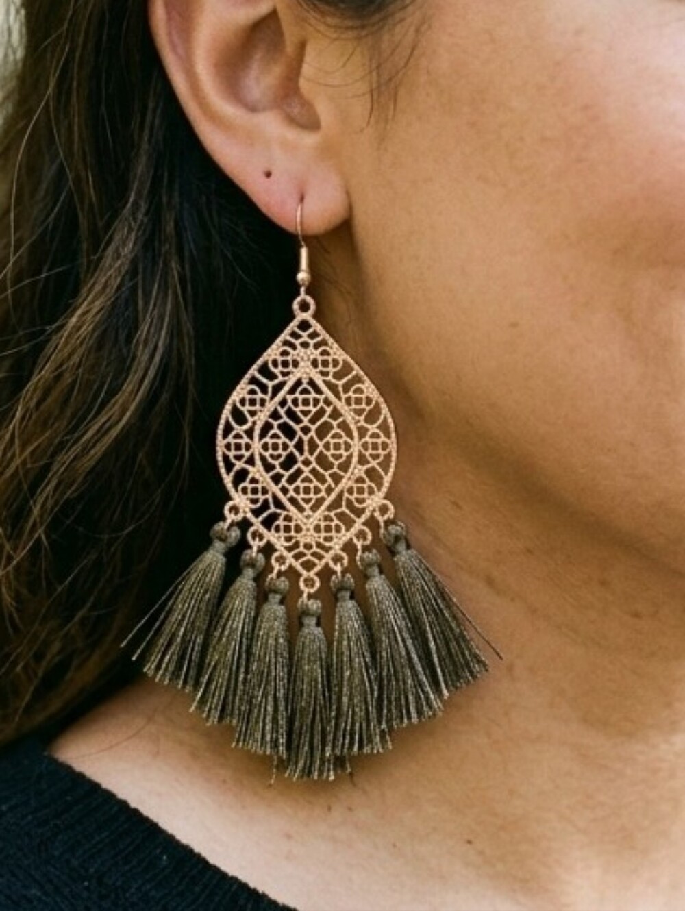 Clover Nickel/Lead Free Metallic Gold Filigree Tassel Earrings